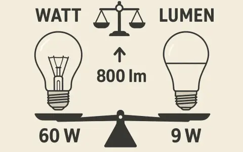 Balance comparant la puissance d'une ampoule incandescente (60W) à celle d'une ampoule LED (9W) pour une luminosité équivalente de 800 lumens.