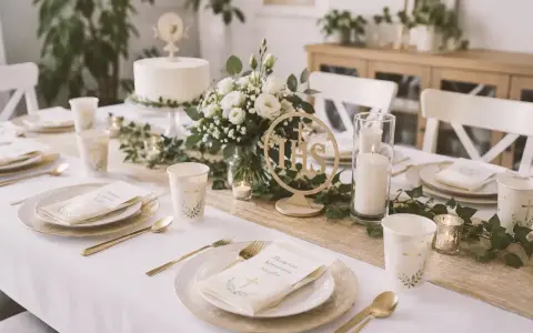 Elegancko nakryty stół na komunię w domu. Złote sztućce, białe róże i tort. Idealne atrakcje dla dzieci na komunię w domu.