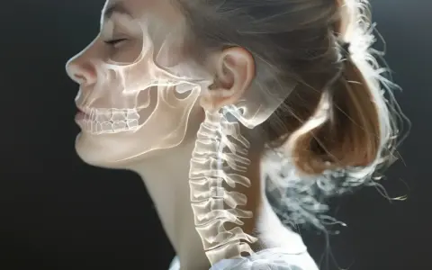 Prześwietlony profil kobiety z widocznym szkieletem głowy i kręgosłupem szyjnym. Zwraca uwagę nienaturalne wygięcie kręgów, przypominające wdowi garb.