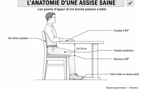 Illustration d'une dimension personne assise droite, dos soutenu, genoux et coudes à 90°, cuisses soutenues, pieds à plat.