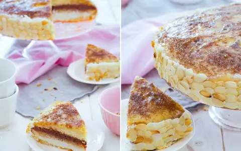 Deliciosa tarta San Marcos con capas de bizcocho, crema y cobertura de almendras tostadas. Un postre perfecto para celebrar.