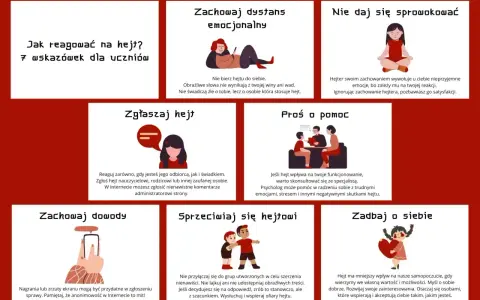 Grafika pokazuje 7 sposobów na reakcję na hejt: zachowaj dystans, nie daj się sprowokować, zgłaszaj, proś o pomoc, zachowaj dowody, sprzeciwiaj się i zadbaj o siebie.