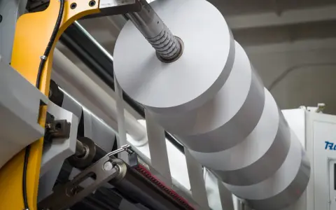 Rollo gigante de papel blanco en una máquina industrial. La densidad del papel es clave para la calidad de impresión.