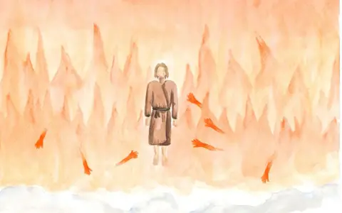 Prophet Amos im Religionsunterricht: Eine Vision von Flammen und ausgestreckten Händen, die eine Botschaft der Hoffnung vermitteln.