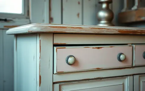 Comò con cassetti rosa e finitura invecchiata, un esempio di pittura shabby fai da te che dona un tocco romantico.
