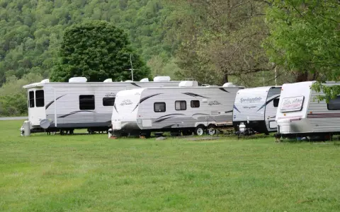 Rząd przyczep kempingowych na zielonej trawie, w tle las. Idealne miejsce na camping Górna Wetlinka.