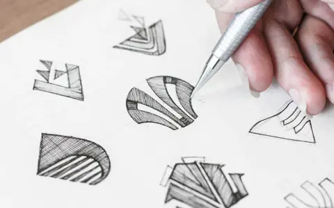 Main d'un designer esquissant des idées pour comment dessiner un logo. Plusieurs croquis abstraits sont visibles sur le papier.