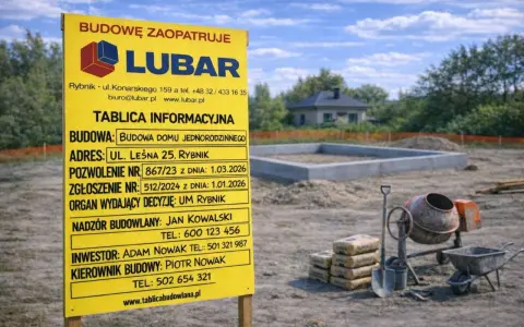 Żółta tablica informacyjna budowy z danymi o inwestycji i logo firmy LUBAR na tle placu budowy.