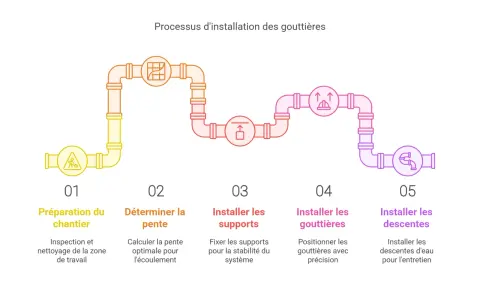 Processus d'installation des gouttières : préparation, détermination de la pente, installation des supports, pose de gouttière et descentes.