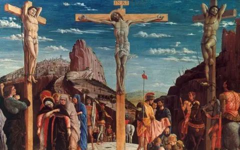 Die Kreuzigung Jesu mit zwei Schächern. Die Frage "wann ist Jesus gestorben" wird hier bildlich beantwortet.