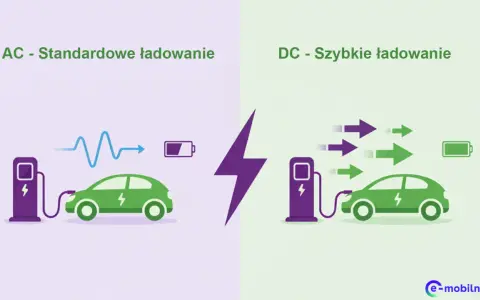 Ilustracja porównuje ładowanie samochodu elektrycznego: standardowe AC z wolniejszym przepływem energii i szybkie DC z wieloma strzałkami energii.