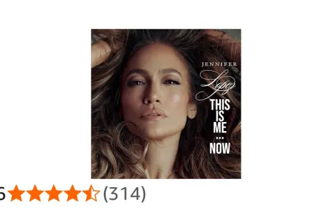 Jennifer Lopez w okładce albumu "This Is Me... Now". Gwiazda z burzą brązowych włosów, zmysłowym spojrzeniem i napisem "This Is Me... Now".
