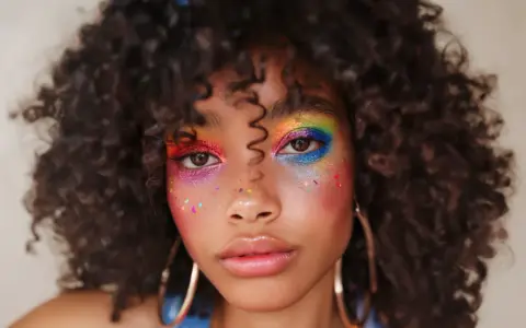 Un rostro con un vibrante maquillaje de ojos arcoíris y purpurina, celebrando la diversidad y el orgullo.