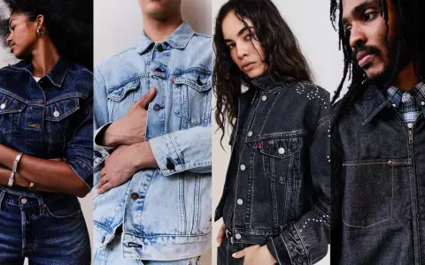 Modelli diversi indossano giubbotti di jeans, alcuni con borchie, altri classici. Un giubbotto sopra giacca è un look versatile.