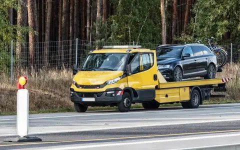 Żółta laweta z czarnym autem na pace, zaparkowana przy drodze. Obok stoi pachołek ostrzegawczy. To może być kara za parkowanie w miejscu niedozwolonym.