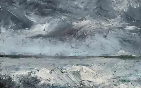 En dramatisk havsvy med tjocka, virvlande penseldrag som skapar en känsla av storm. En av många strindberg tavlor som fångar naturens råa kraft.