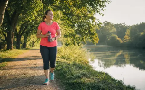 Frau genießt ihr Lauftraining am See. Nach 1 Monat Joggen fühlt sie sich fitter und strahlt Selbstvertrauen aus.