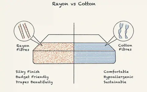 Rayon vs Cotton comparison. Rayon fibers are shown with a silky finish, budget-friendly, and drapes beautifully. Is rayon a good fabric? Yes, for these qualities!