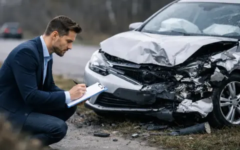 Ubezpieczyciel spisuje raport przy samochodzie po wypadku. Wygląda na to, że to **szkoda całkowita**.