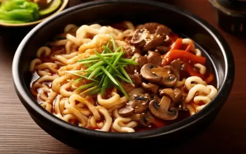 Pyszny makaron udon z grzybami, mięsem i szczypiorkiem. Idealny przepis na szybki obiad.