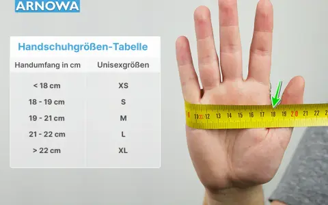 Handumfang messen für Handschuhe: Ein Maßband zeigt den Umfang einer Hand, daneben eine Tabelle mit Größen.