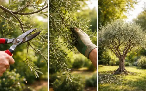 Tricolore montrant la taille d'un olivier d'ornement : sécateur, main gantée cueillant des olives, et l'arbre taillé dans un jardin ensoleillé.