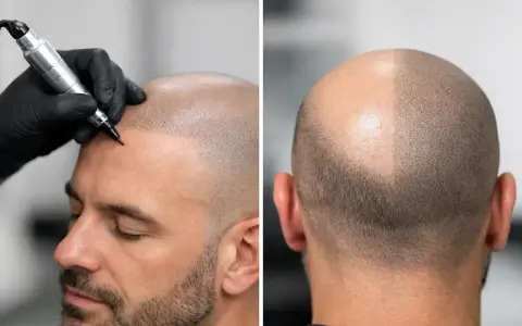 Un hombre recibe micropigmentación capilar para simular cabello. La imagen muestra el proceso y el resultado parcial.