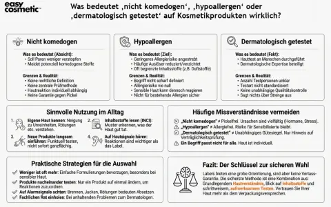 Hypoallergen bedeutet, dass das Risiko allergischer Reaktionen reduziert werden soll. Es ist aber kein Garant für Allergiefreiheit, da sensible Haut trotzdem reagieren kann.