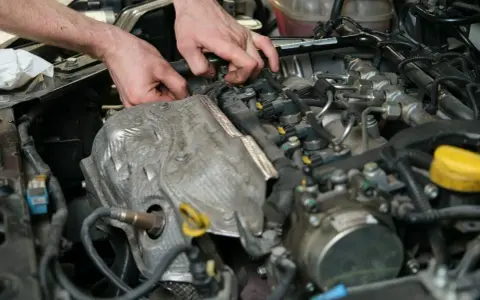 Mechanik pracuje przy silniku, wymieniając czujnik położenia wałka rozrządu.
