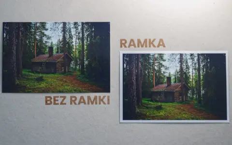Dwa zdjęcia leśnej chatki: jedno bez ramki, drugie w formacie 13x18 z ramką.