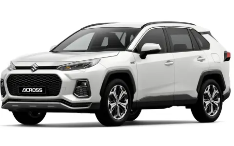Biały SUV Suzuki Across 4x4 z napędem hybrydowym plug-in, widok z przodu.