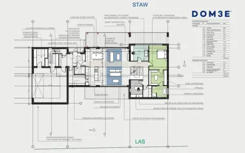 Projekt budowlany domu z podziałem na pomieszczenia: salon, kuchnia, sypialnie, garaż, pracownia, łazienki, garderoby.