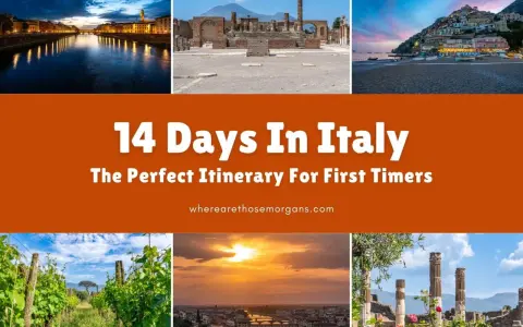 Collage of top tourist attractions in Italy, featuring Pompeii ruins, Positano coast, and Florence at sunset. "14 Days In Italy" is prominently displayed.