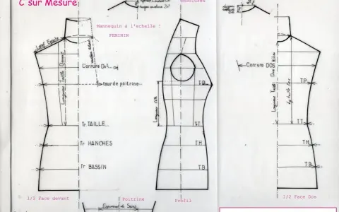Dessin technique de mannequins de couture, avant et dos, avec mesures et annotations.