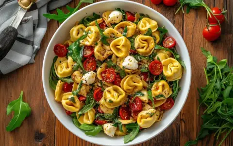 Bunter Tortellinisalat mit Kirschtomaten, Mozzarella-Kugeln und Rucola – perfekt für schnelle Partysalate.