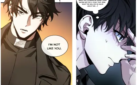 Zwei Manga-Charaktere, einer mit Priesterkragen, der andere nachdenklich.