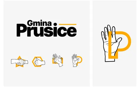 Logo Gminy Prusice. Kolor biały symbolika czystości i otwartości. Dłonie symbolizują współpracę i pozdrowienie.