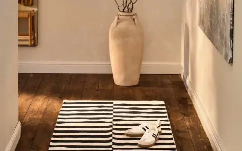 Alfombra pasillero a rayas blancas y negras, con zapatillas deportivas y un jarrón grande.