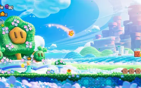 Rosalina explora un mundo especial de Mario Wonder, con un árbol con cara de cerdo, flores y un cielo vibrante.