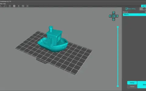 Program Anycubic Photon Workshop wyświetla model 3DBenchy na siatce, gotowy do druku 3D.