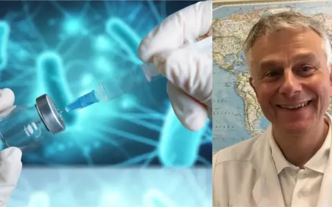 Läkare med världskarta bakom sig, bredvid bild på vaccin och spruta. Frågan "vilka vaccin har jag" kan besvaras med hjälp av denna expert.