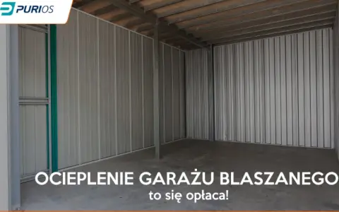 Wnętrze pustego garażu blaszanego. Napis na dole: "OCIEPLENIE GARAŻU BLASZANEGO to się opłaca!".