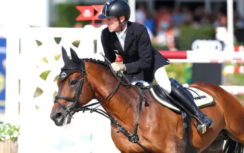 Cavalier en tenue d'équitation, sur un cheval bai, en plein saut. Le cheval, nommé Ratina Z, est concentré.