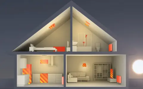 Schnitt durch ein Haus mit Heizkörpern und Sonnensymbol.