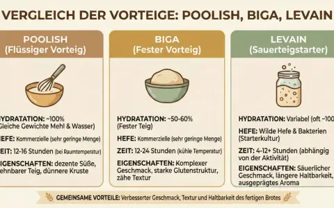 Vergleich von Vorteigen: Poolish, Biga (fester Teig) und Levain. Biga ist ein fester Teig mit ca. 50-60% Hydratation.