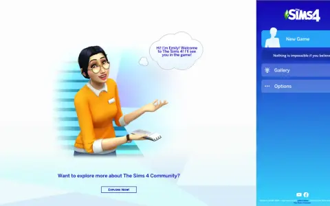 Emily da la bienvenida a The Sims 4, invitando a los jugadores a empezar una nueva partida o explorar la galería.