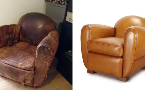 Avant/après : un fauteuil club usé transformé en un magnifique fauteuil relooké, tout en cuir cognac éclatant.
