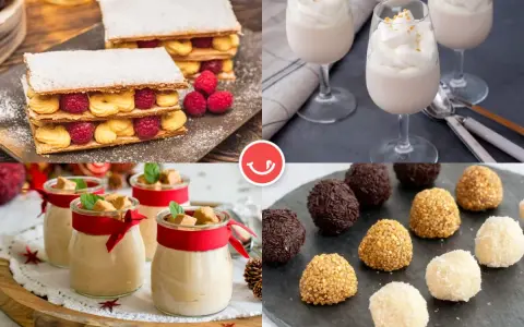 Deliciosas recetas navideñas dulces: milhojas con frambuesas, postres en vasito, bombones y copas de crema.