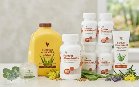 Zestaw produktów Forever: sok z aloesu, żel aloesowy i suplementy Forever Absorbent-C.