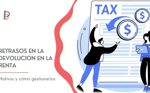 Ilustración de personas gestionando retrasos en la devolución de la renta, con un documento de TAX y monedas de dólar.